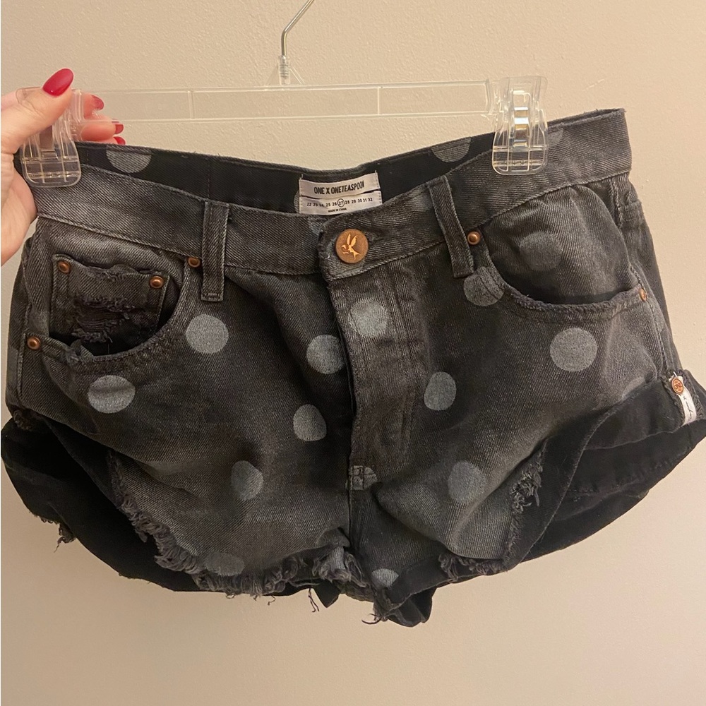 One Teaspoon Bandits Denim Polka Dot Button Fly Shorts In Charcoal
